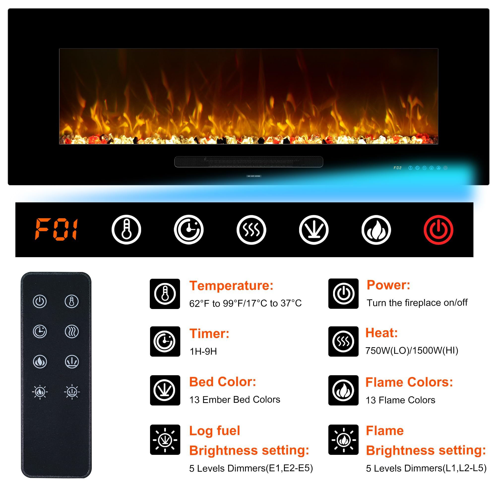 Elektrokamin Wandmontage, 13 Farbmodi LED flammeneffekt, Timer - Funktion, 152 cm Kamin Heizung Glas-Touchscreen und Fernbedienung,1500W(60")