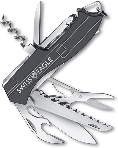 Swiss Eagle Cuchillo de bolsillo Champ - Cuchillo de supervivencia multiherramienta con 9 funciones