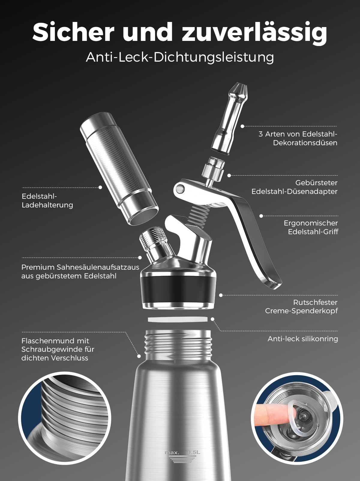Sahnespender,Edelstahl Sahnesiphon 500ml,inklusive Ersatzteile 3 Spritztüllen und 1 Reinigungbürste, Schlagsahnebereiter,Deutsche Anweisungen