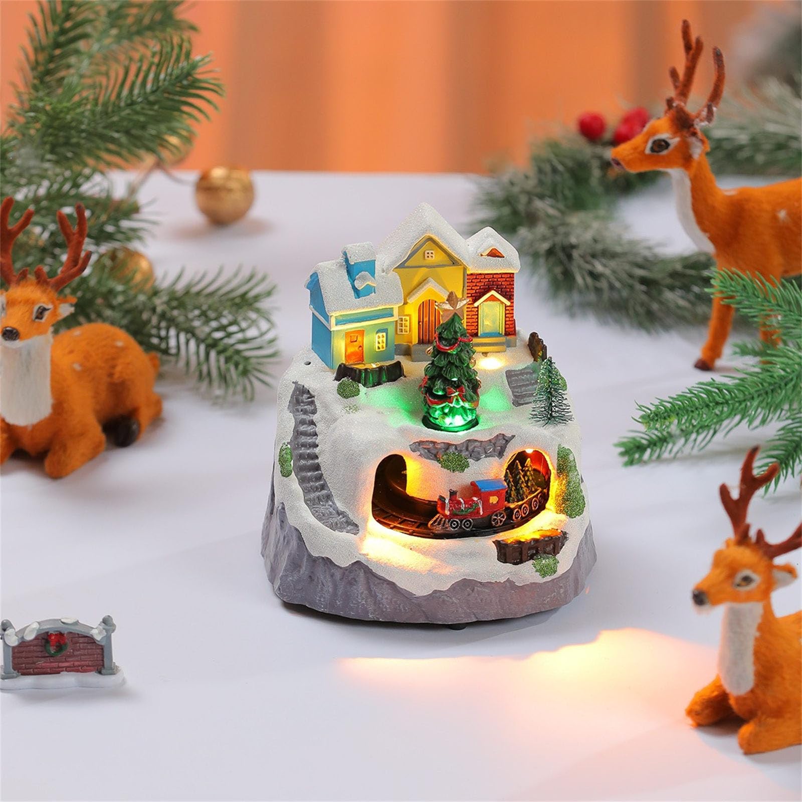 PANGBOER Scena Musicale Animata delle Case del Villaggio Natale con Figurine da Collezione Babbo Natale/Albero Rotante Decorazione Natalizia Decorazioni per la casa Statuetta delle Case del Villaggio