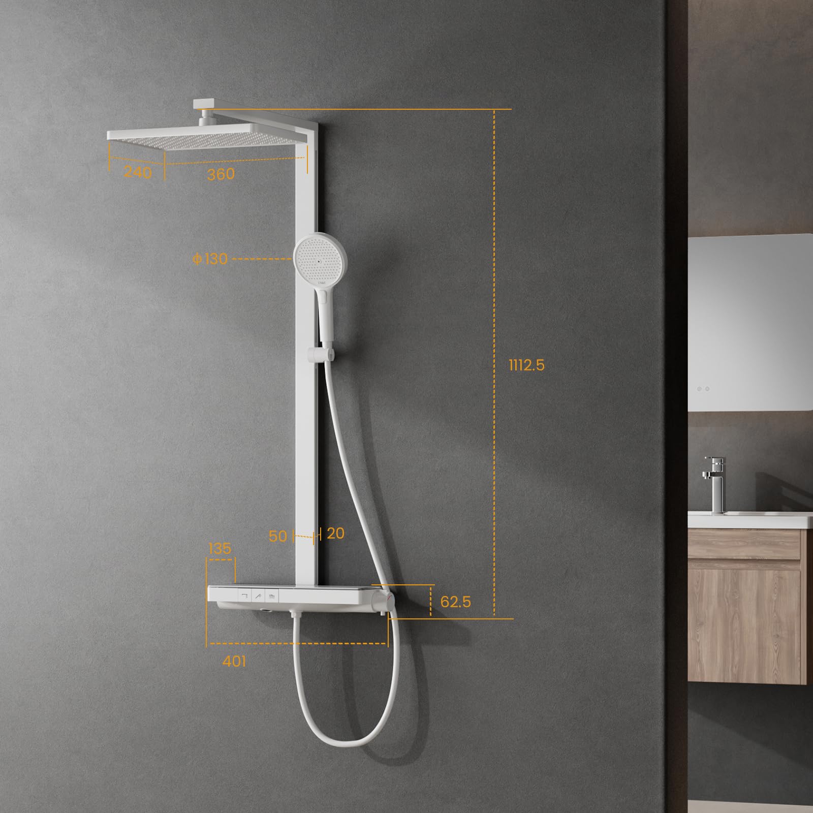 EMKE Duschsystem mit Thermostat – 36 x 24 cm Regendusche mit Armatur, Duschset mit 40 cm Glasablage & Handbrause (4 Strahlarten), höhenverstellbar Komplettset mit Regendusche, Weiß Matt