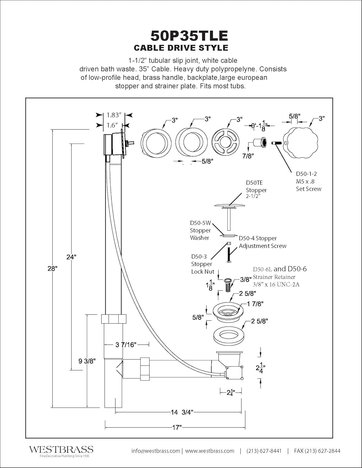 Westbrass A50P35TLE-50 35" Cable Drive Bath Drain Trim Kit with Rotary Overflow Cover Knob, European Stopper and Poly Tubular Pipes, White