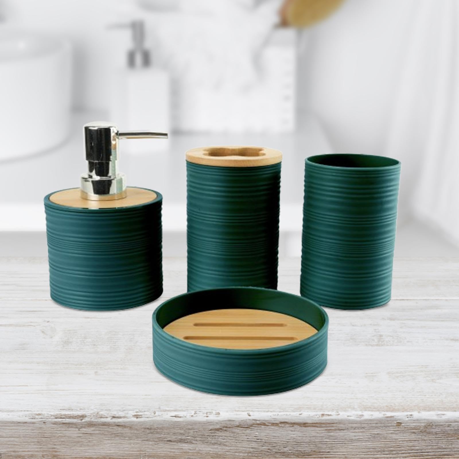 4 Piezas Set de Accesorios de Baño Dispensador de Jabón Porta Cepillos Vaso para Enjuague Jabonera Material Plástico Resistente Adecuado para Hogar, Verde Oscuro, Individual
