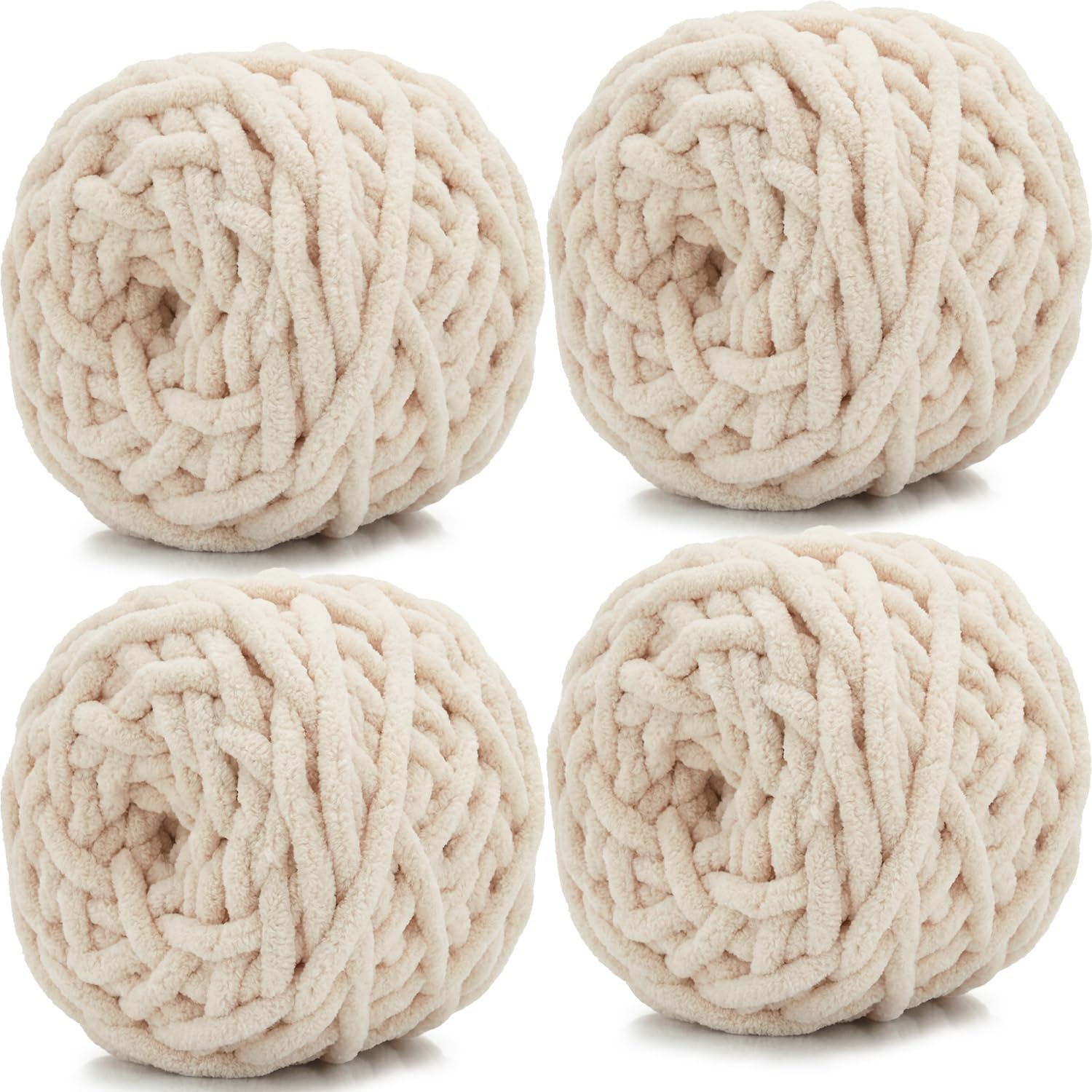 Xtrillogen Chunky Chenille Yarn 4 x 100g Balls,Soft Fluffy Multicolor Plush Wool for Crochet & Knitting Soft Thick Chunky Yarn Crochet Yarn for Blankets,Hats,Cushions(Khaki White)