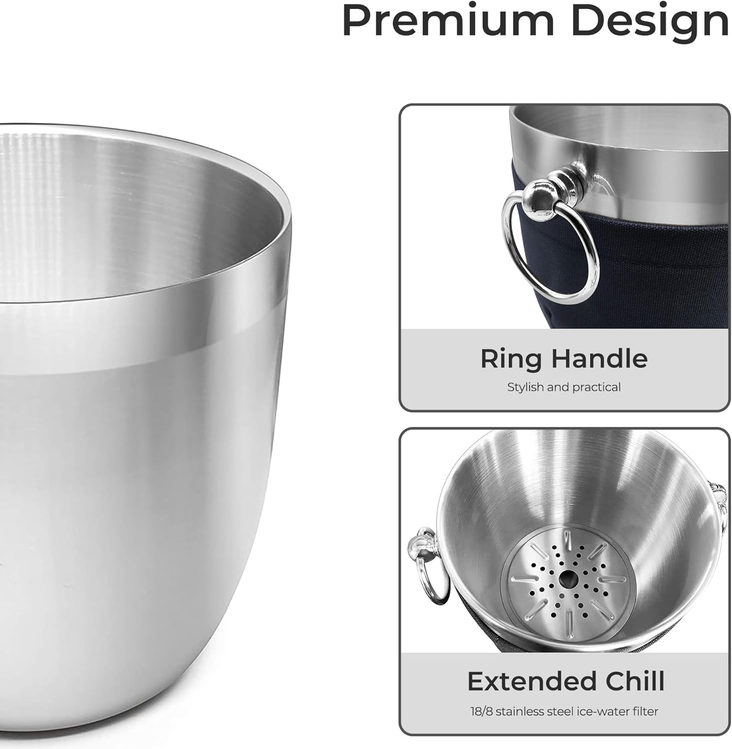 Fortune Candy Insulated Ice Bucket - Double Walled Stainless Steel Ice Bucket with Ice Tongs, Scoop, Lid, and Exclusive Handmade Nylon Holder - 2.8 L (Navy Blue)