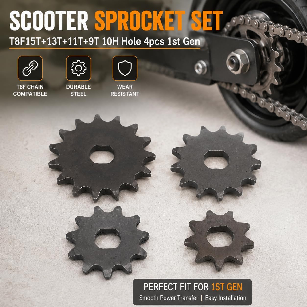 4PCS T8F Motor Chain Sprocket Set, 15T 13T 11T 9T H Hole Pinion, for 47cc 49cc Dirt Bike ATV Scooter