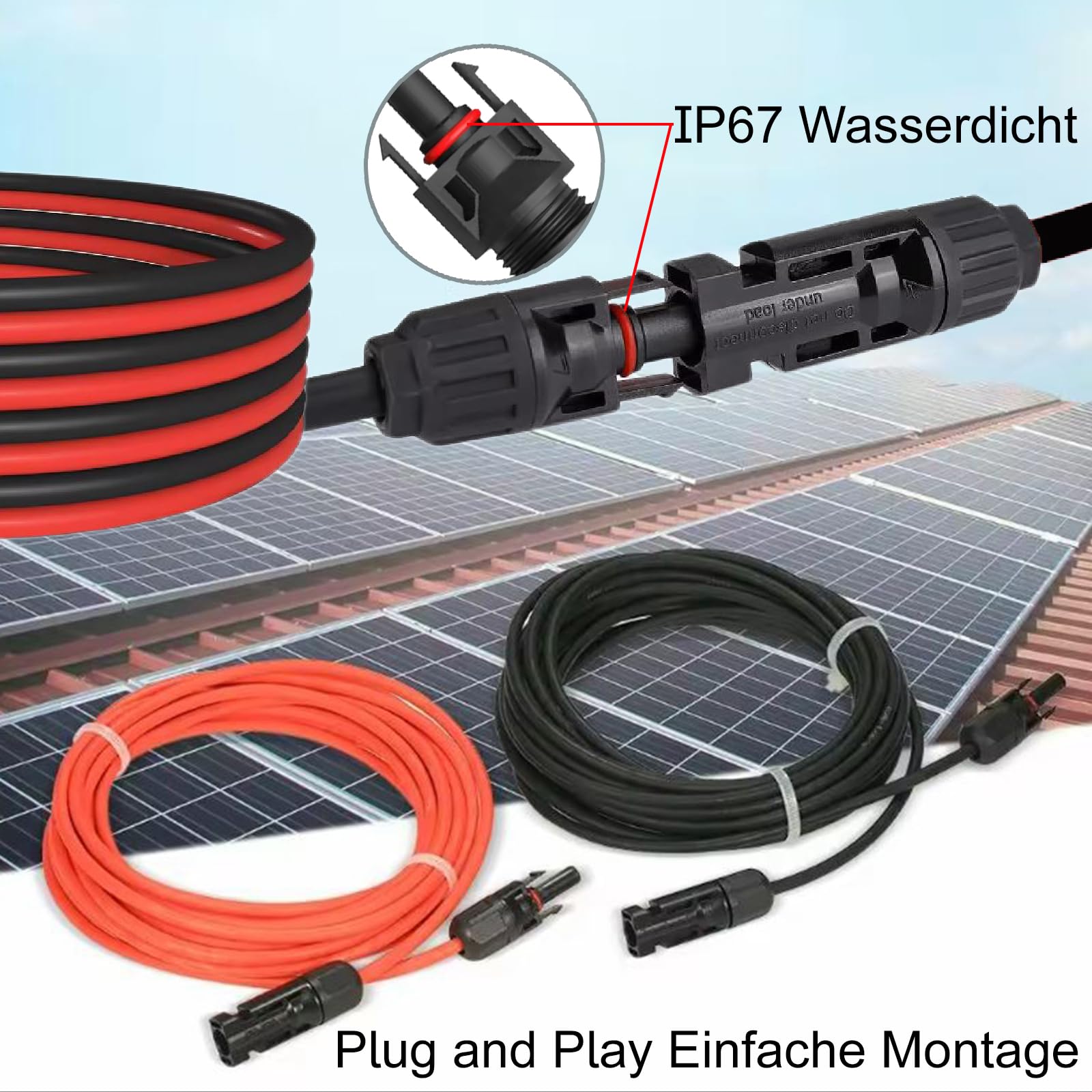 NAUC Solar Verlängerungskabel für Solarpanel - Solarstecker Solarkabel für Solarmodule - Photovoltaik-Stecker - Kabel 4 mm² / 6 mm² - TÜV, Kabelquerschnitt:6mm², Länge:2X 15m incl. Stecker