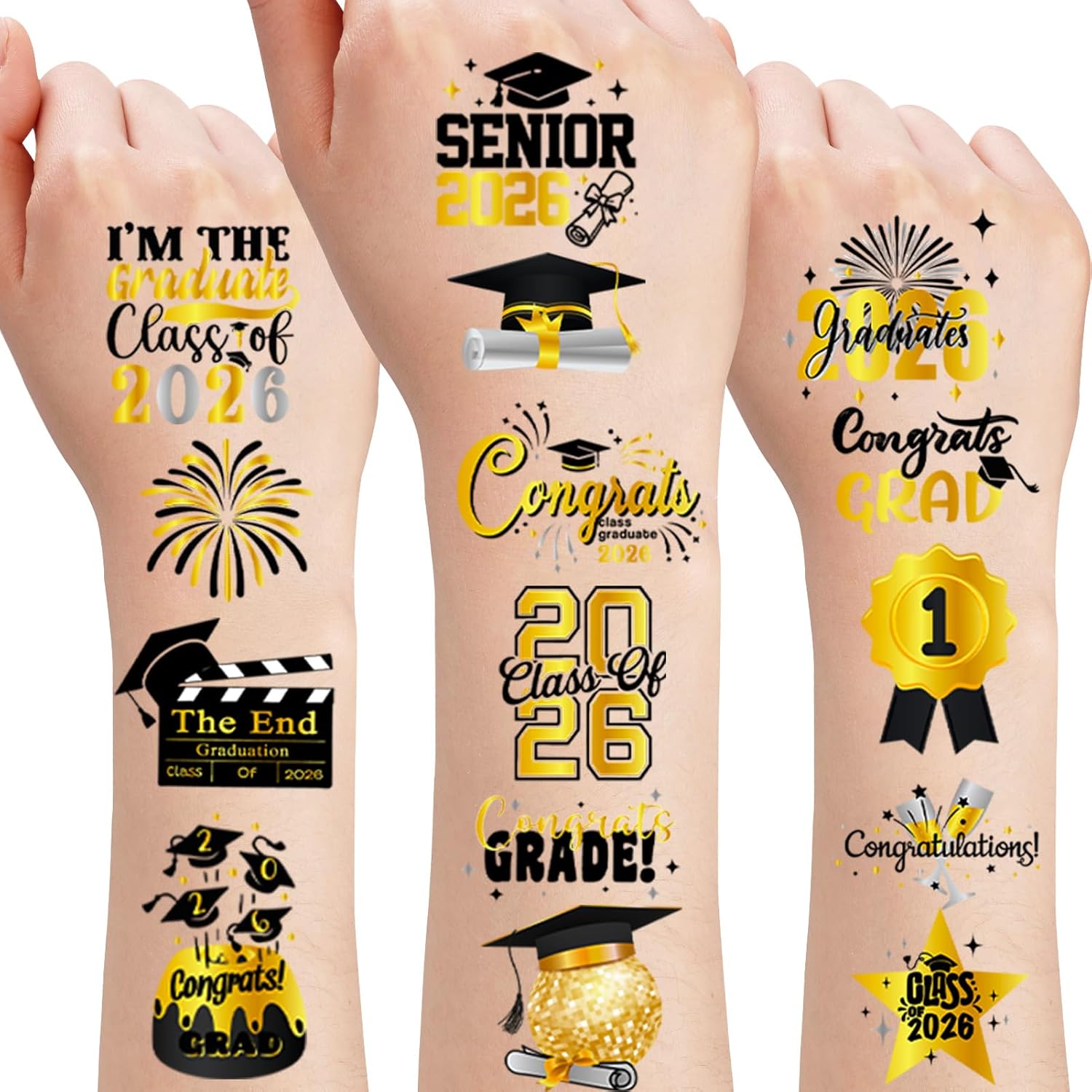 Konsait Graduation Temporary Tattoos - Black Gold Congrats Grad