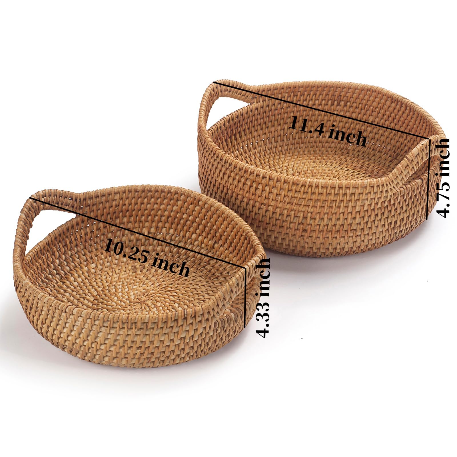 2 Pezzi Cestino Portaoggetti in Rattan con Manici, Cesto Rotondo in Vimini Naturale, Cesto di Intrecciato Decorativo per Scaffale, Tavolo