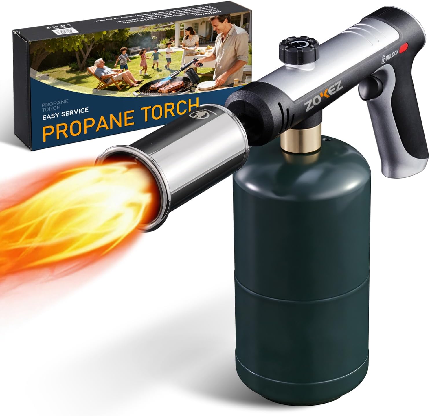 Powerful Propane Torch with One-Tap Max Power & Safety Lock | Adjustable 3,272°F Flame for Grilling, Searing, BBQ, Weeding & More (Tank Not Included)