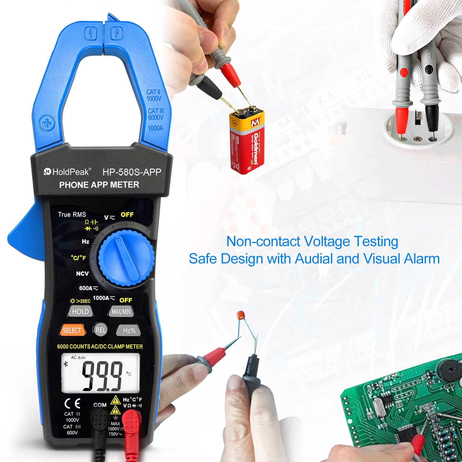 Pince Ampèremétrique Numérique HoldPeak avec APP Connect, TRMS 6000 Points Multimètre HP-580S Auto Ranging, NCV 1000A AC/DC Volt ohm Résistance Capacitance Continuité Température Diode