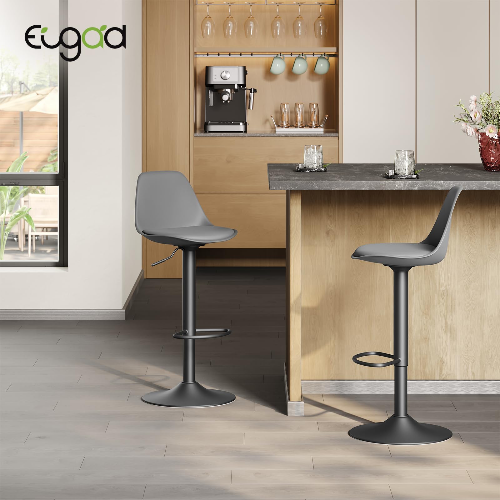 EUGAD Coppia Sgabello da Bar Moderno Sgabello Alto con schienale in Simipelle Sedia Alta da Cucina Regolabile Girevole Grigio