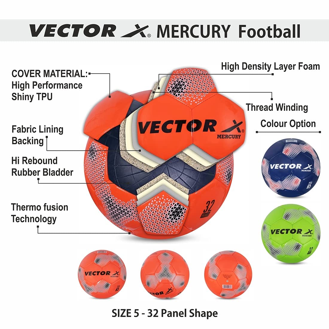 Vector X Mercury TPU-Fußball, maschinell genäht, Größe 5, offizieller Fußball, Erwachsene, Fußball