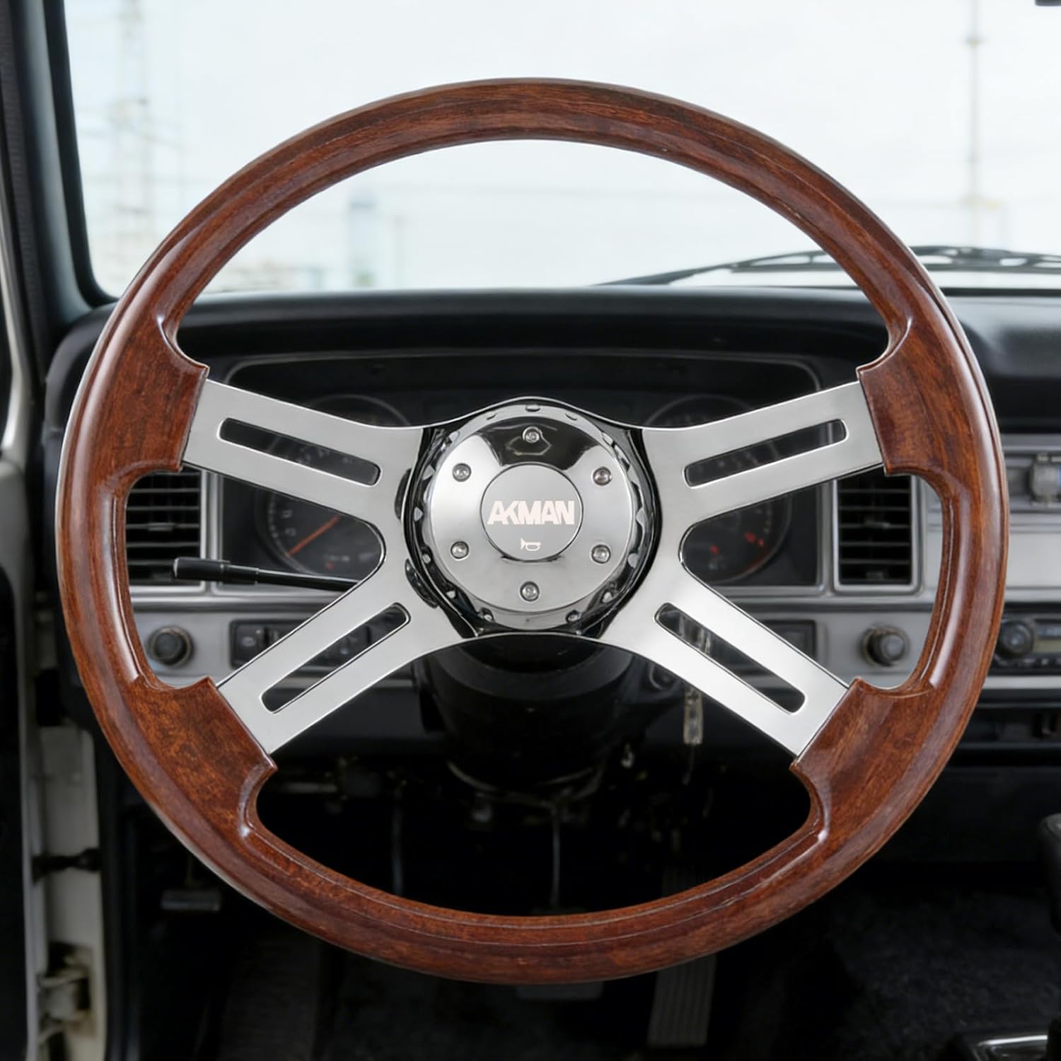 18inch Truck Steering Wheel, 4 Spoke Aluminum Chrome Plated Steering Wheel for Semi-Trailers,for Kenworth,for Peterbilt,for Volvo, Freightliner Trucks (Woodbrown)