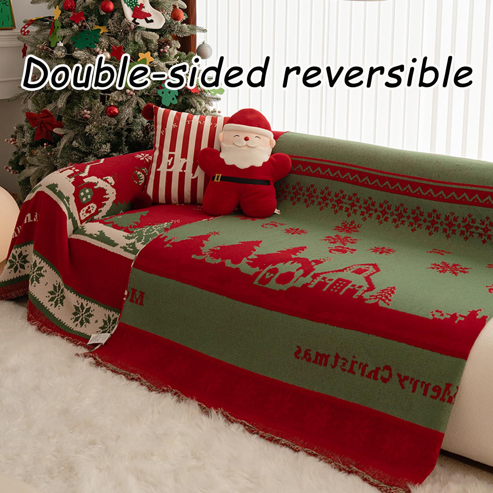 Coperta copripoltrona di Natale con nappine, divano amico degli animali, copridivano grande per 3 posti, Decorazione natalizia doppia reversibile per divano Style-B 180x150cm/71x59in
