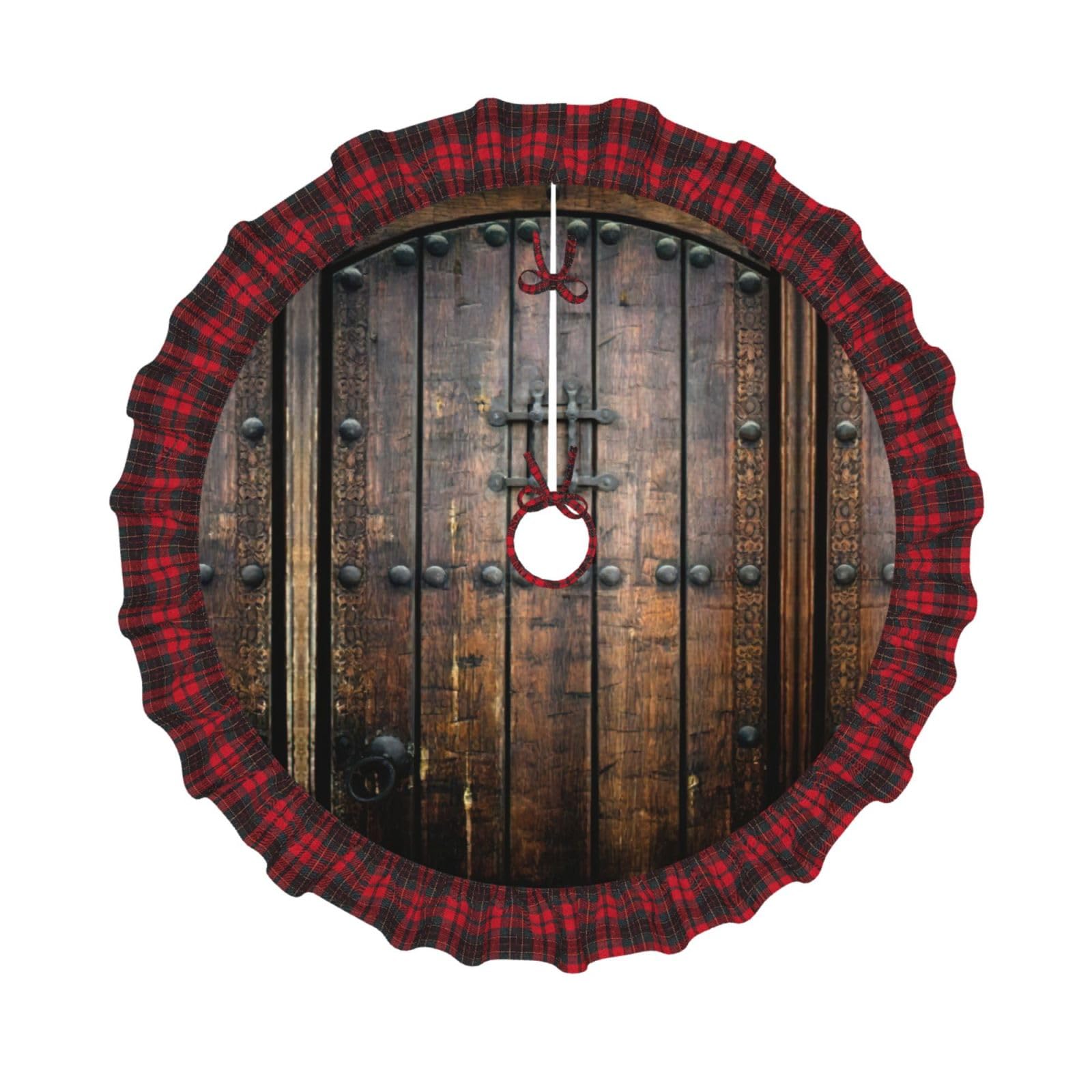 Jupe de sapin de Noël rustique avec bord écossais rouge et noir pour décoration de maison