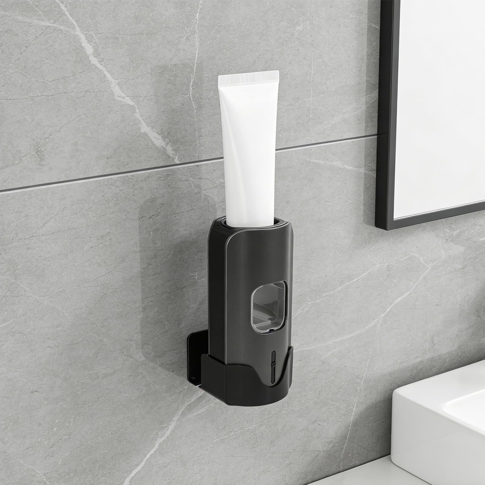 Levemolo Organizador de Baño con Dispensador Automático de Pasta y Soporte para Cepillos, Instalación sin Taladro, Plástico Negro, Ajuste en 3 Niveles para Adultos y Mayores