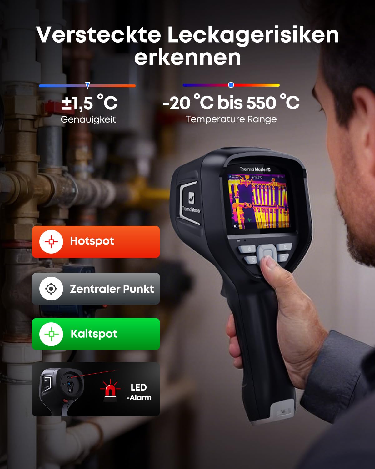 Thermal Master Wärmebildkamera 512x384 X³Auflösung, Infrarotkamera mit 3,5" IPS Display, Makro-Objektiv & Laser, WLAN/PC-Analyse, ±1,5°C Genauigkeit, Profi-Tool für Elektro-Inspektion & HVAC(Thor 001)