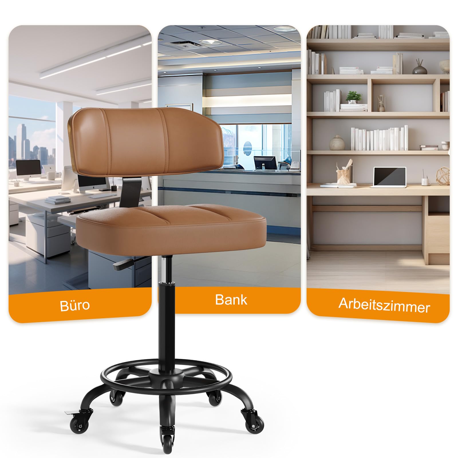 Bürostuhl ohne Armlehnen Drehstuhl 360° Schreibtischstuhl mit Rollen höhenverstellbar PU-Leder für Arbeitszimmer Schlafzimmer Homeoffice Schminkbereich Operationssaal Labor Schwarz Braun