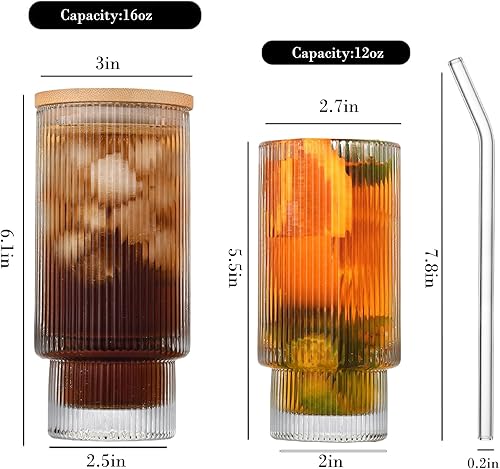 Miniatura 2 de Vasos para beber acanalados de 16 onzas, 4 vasos de vidrio con tapas de bambú y popotes de vidrio, vasos altos estilo origami, cristalería vintage