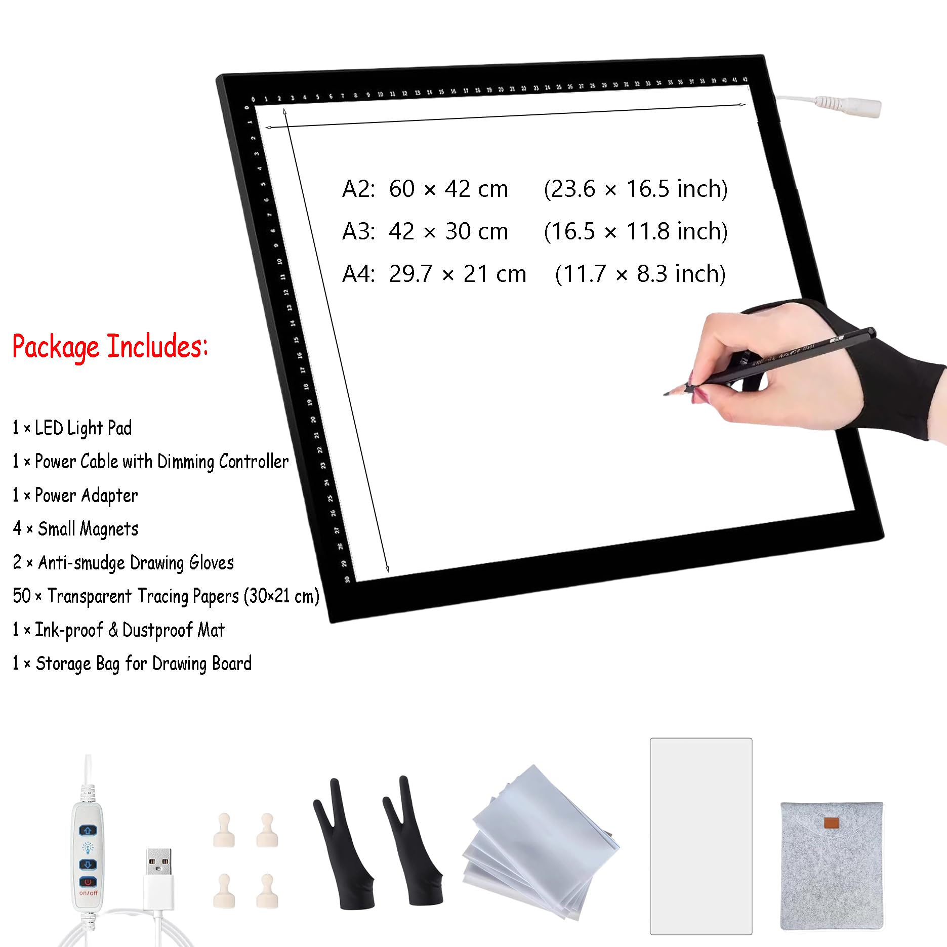 LED Leuchttisch A0 A1 A2 A3 A4, Ultra-dünnes LED Licht Pad mit stufenloser Helligkeit, Magnetische Zeichenplatte, Leuchtbox für Zeichnen, Diamond Painting, Skizzen, Animation, Tattoo, Plotterfolie