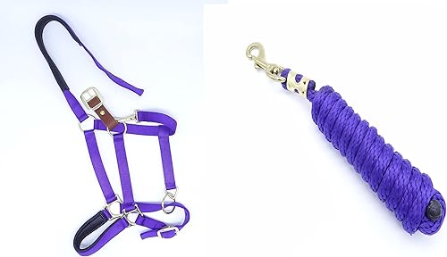 Miniatura 5 de Cabestro para caballo, nailon acolchado, separador de cuero, barbilla ajustable y broche de garganta, tamaño completo de caballo