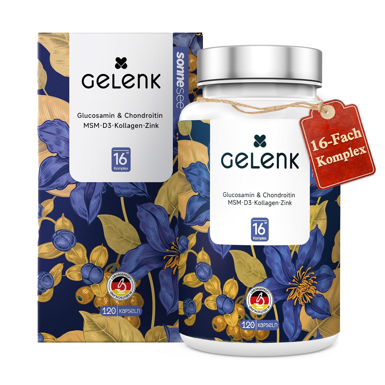 Gelenk-Komplex 16-fach – mit Glucosamin, Chondroitin, MSM, Kollagen, L-Methionin, Vitamin D3 & K2, Zink und Kurkuma – für eine normale Kollagenbildung – Sonnesee