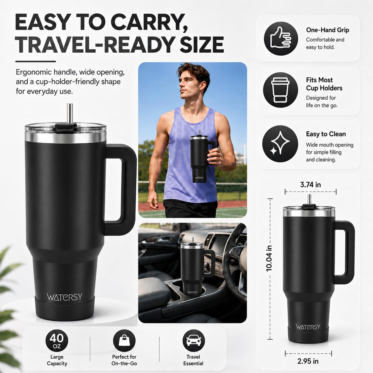 Watersy - Tazza termica con manico e cannuccia, a doppia parete in acciaio inox, mantiene il freddo per 34 ore, per tè, bevande fredde e caffè (tinta unita, nero)