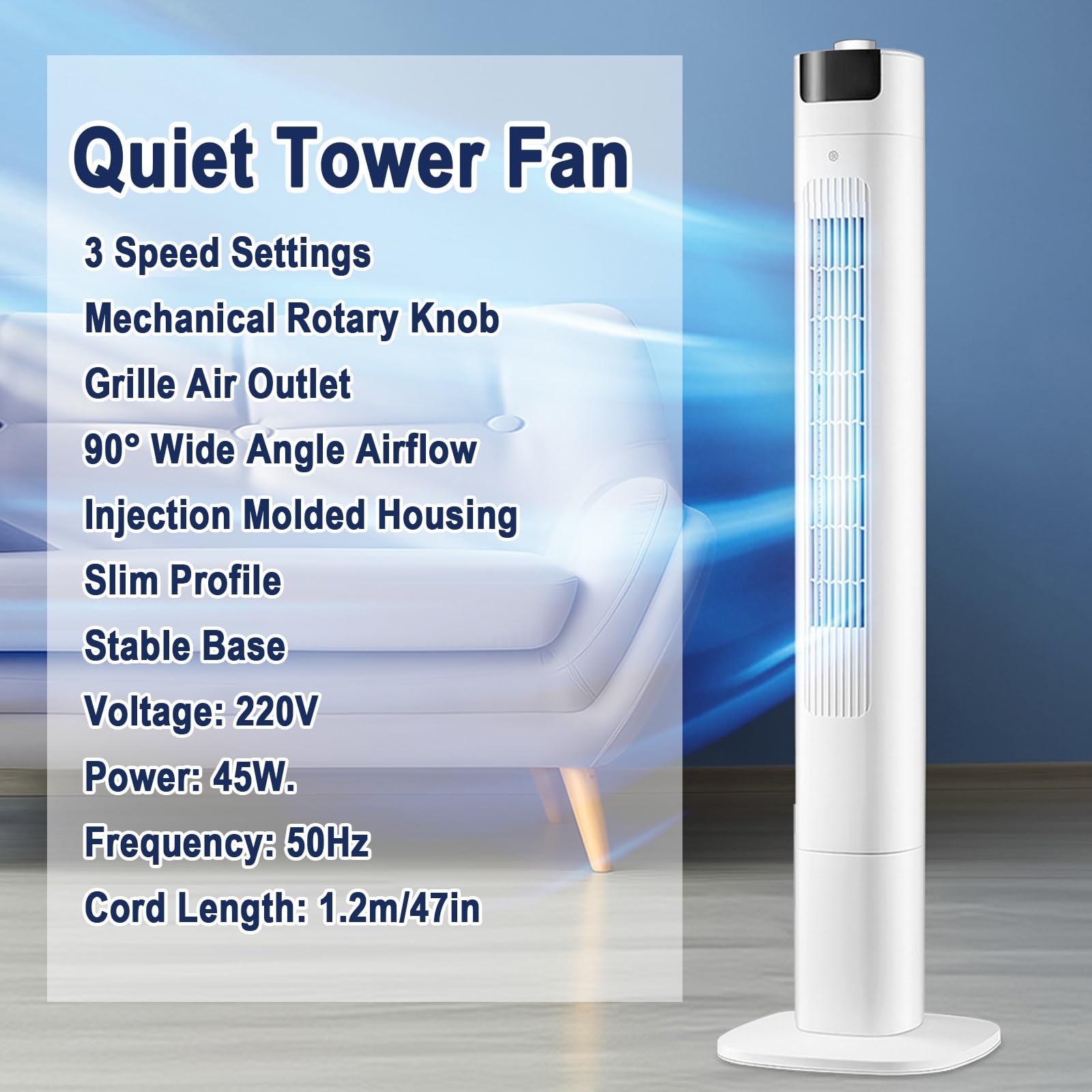 Ventilador Torre Silencioso 45W, Ventilador Columna, 220V, Oscilación 90° | Ventilador Columna, Base Ancha 28cm, Perfil Delgado, Salida de Aire 58cm, Cable de Alimentación 120cm(90cm/35in)