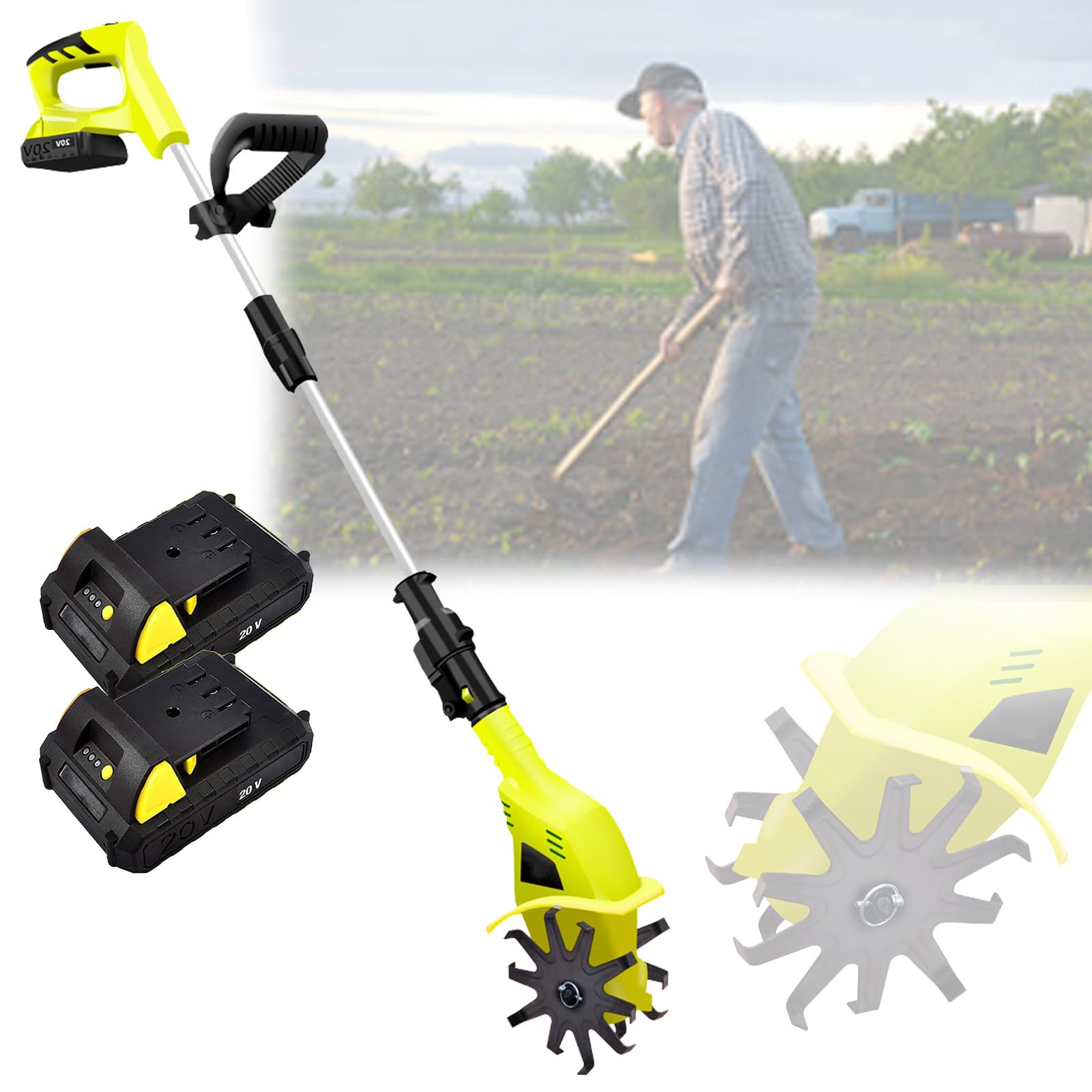 Potente coltivatore Senza Fili, motozappa/coltivatore Elettrico, rotore da 20 V per Scavare Il Terreno del Giardino, con 2 batterie da 12 Ah, profondità di Lavorazione 25 cm