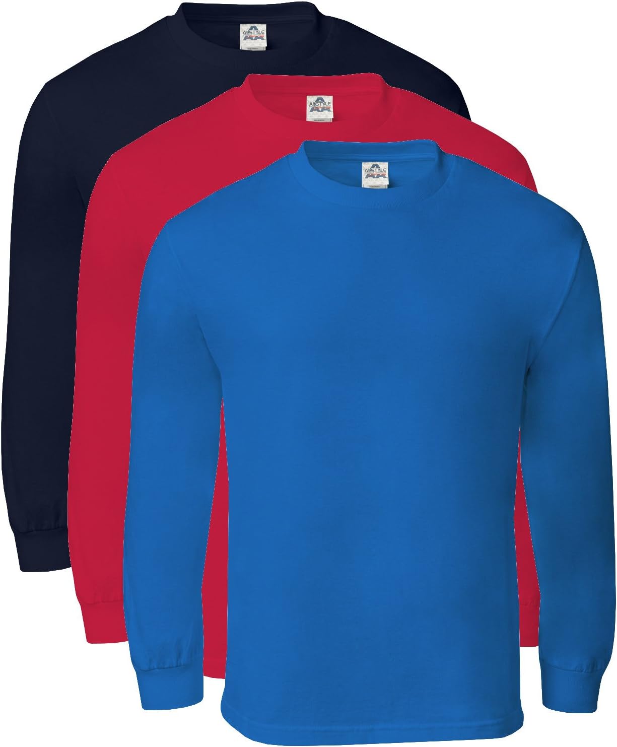 Alstyle Men's Classic Cotton Crew Neck Long Sleeve Plain T-Shirt 3-Pack-Assorted