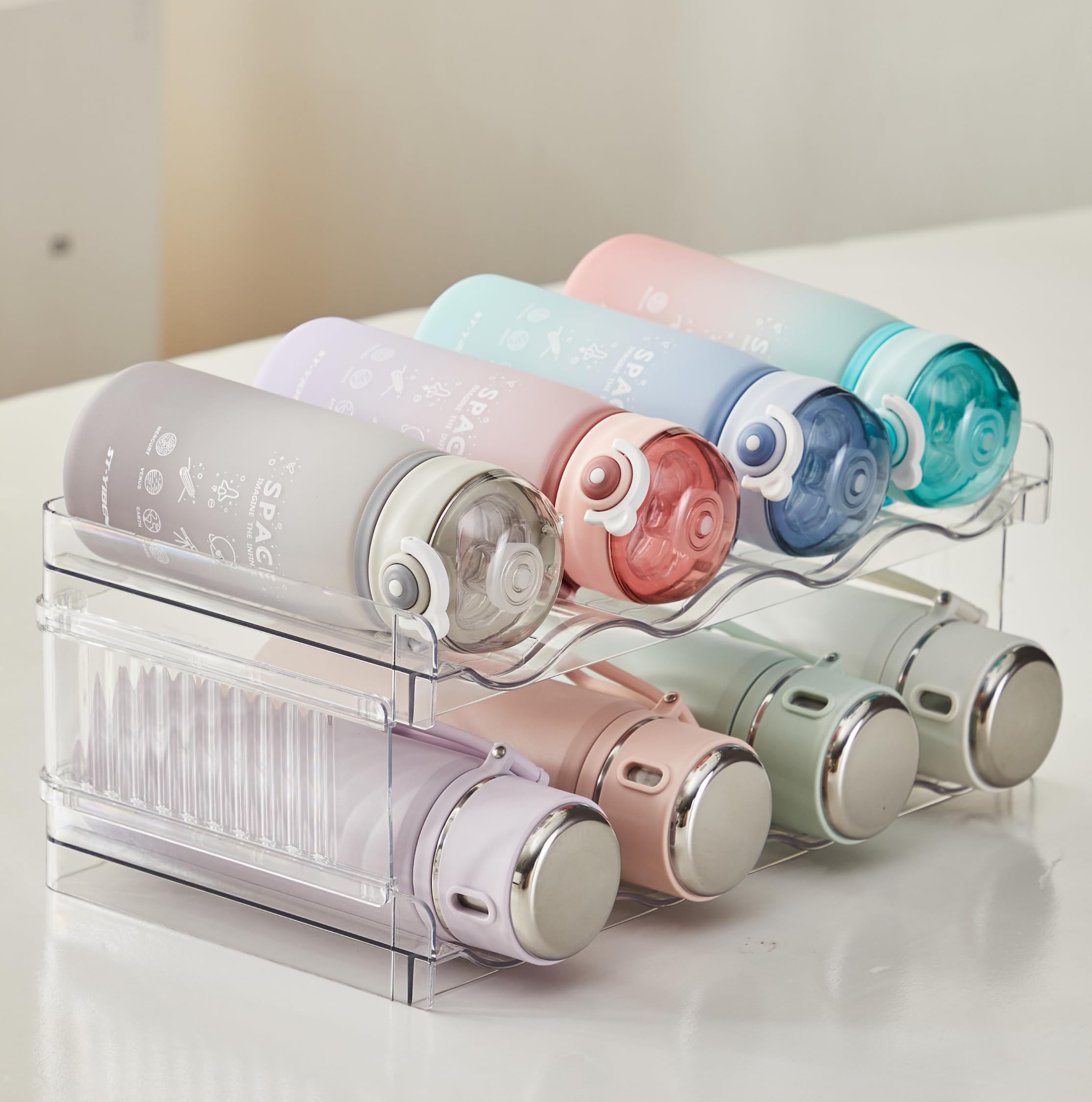 Stackable Water Bottle Organizer for Cabinet, 2 Layer Water Bottle Holder for Fridge Pantry Cabinet Kitchen Organizers & Storage