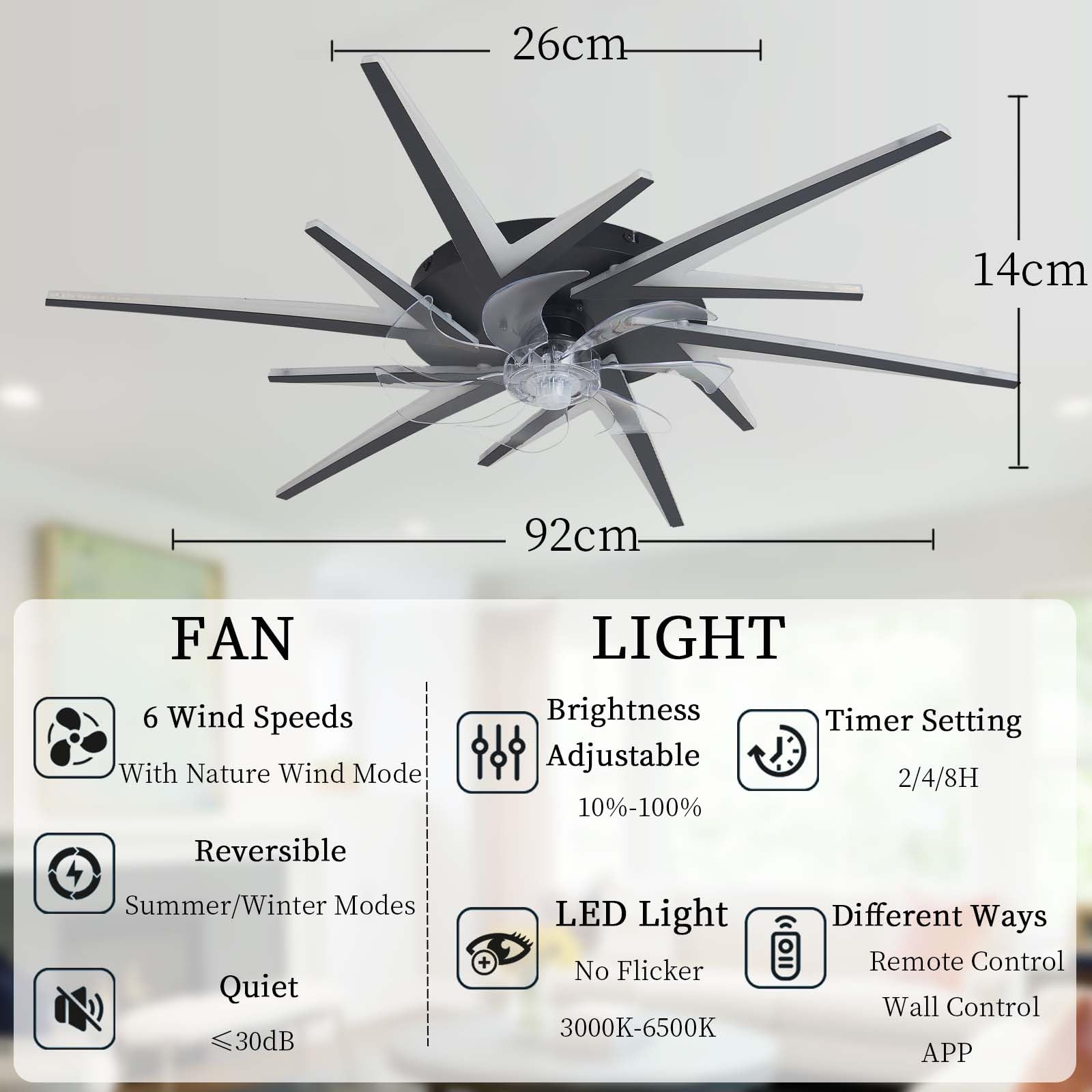 Ventilatore da soffitto moderno bianco da 92 cm con luci LED, controllo tramite app smart e telecomando, luce dimmerabile da 72 W, motore DC silenzioso a 6 velocità, ventilatore reversibile per camer