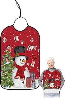 BOBOWUNY Christmas Snowman Adult Bibs for Elder Women Men Eating, Let Snow Xmas Tree Snowflake Red Waterproof & Washable Bibs for Eating Clothing Protector Dining Bibs for Crumb Catcher
