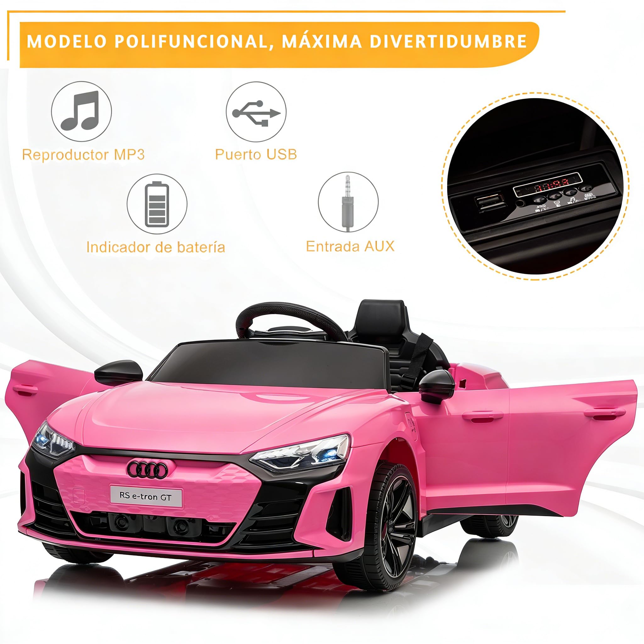 LALAHO Coche Eléctrico para Niños Audi RS E-Tron 12V con Doble Motor, 3-5 km/h Auto Eléctrico para Niños de 3 a 5 Años, MP3, Mando a Distancia (Rosa) — view 5
