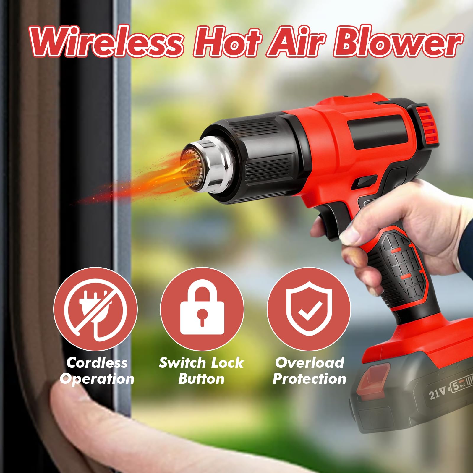 Secador de aire caliente con batería para Makita 18V, soplador de aire caliente inalámbrico con pantalla LCD digital y 3 boquillas pistola de aire caliente, calentamiento rápido de 50-550°C para tubos