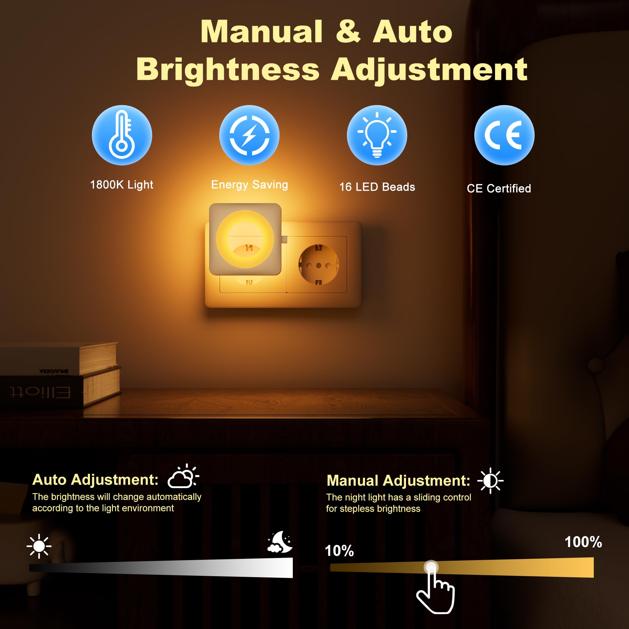 Swoieltr Luce Notturna Bambini da Presa, [2 Pezzi] 1800K Ambra Luci con Sensore Crepuscolare e Automatico Luminosità Regolabile per Camera da Letto, Corridoio, Scale, Bagno