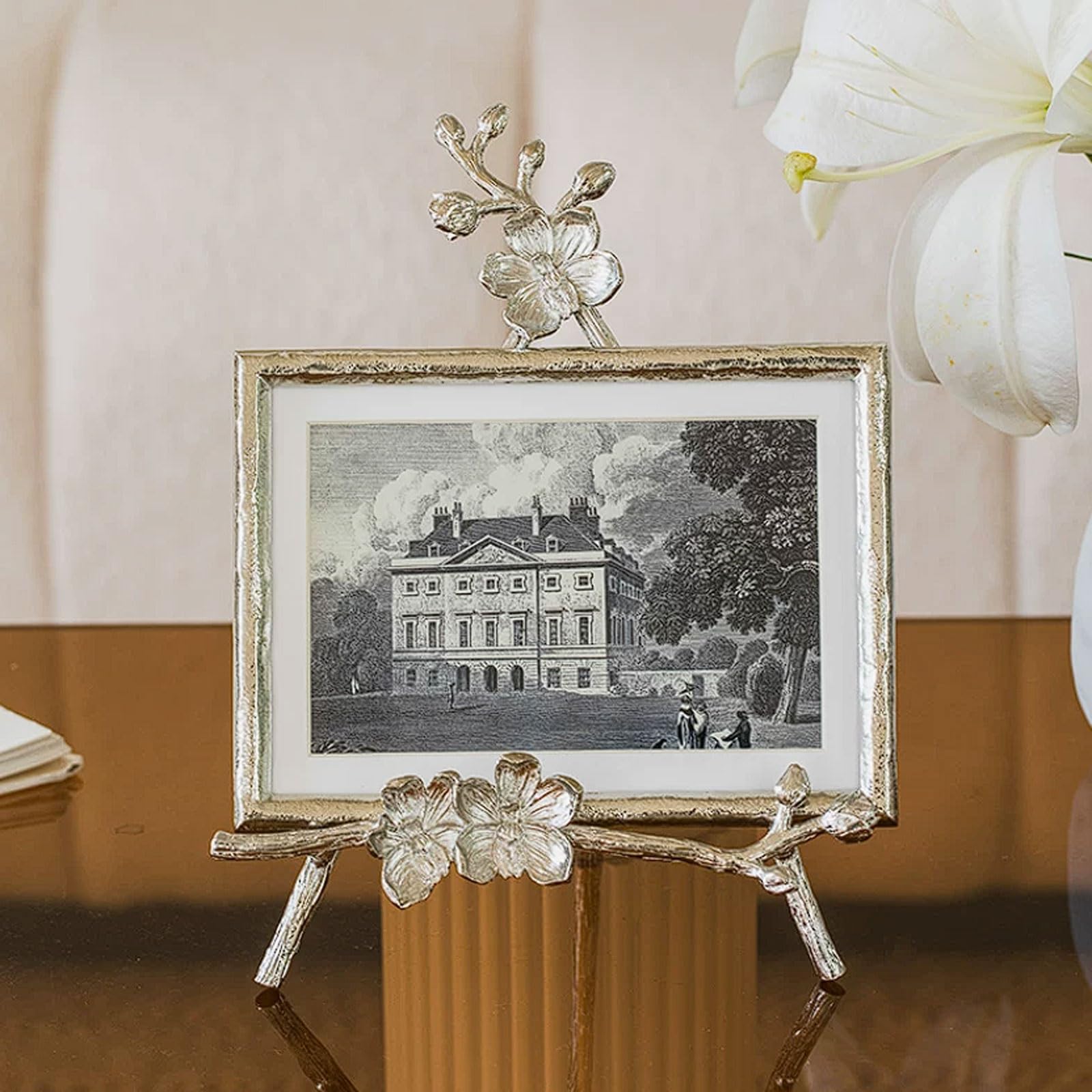Ramka na zdjęcia do stołu w stylu vintage 6 cali kreatywne zdjęcie ozdoba do salonu, srebrny kwiat liście 3D