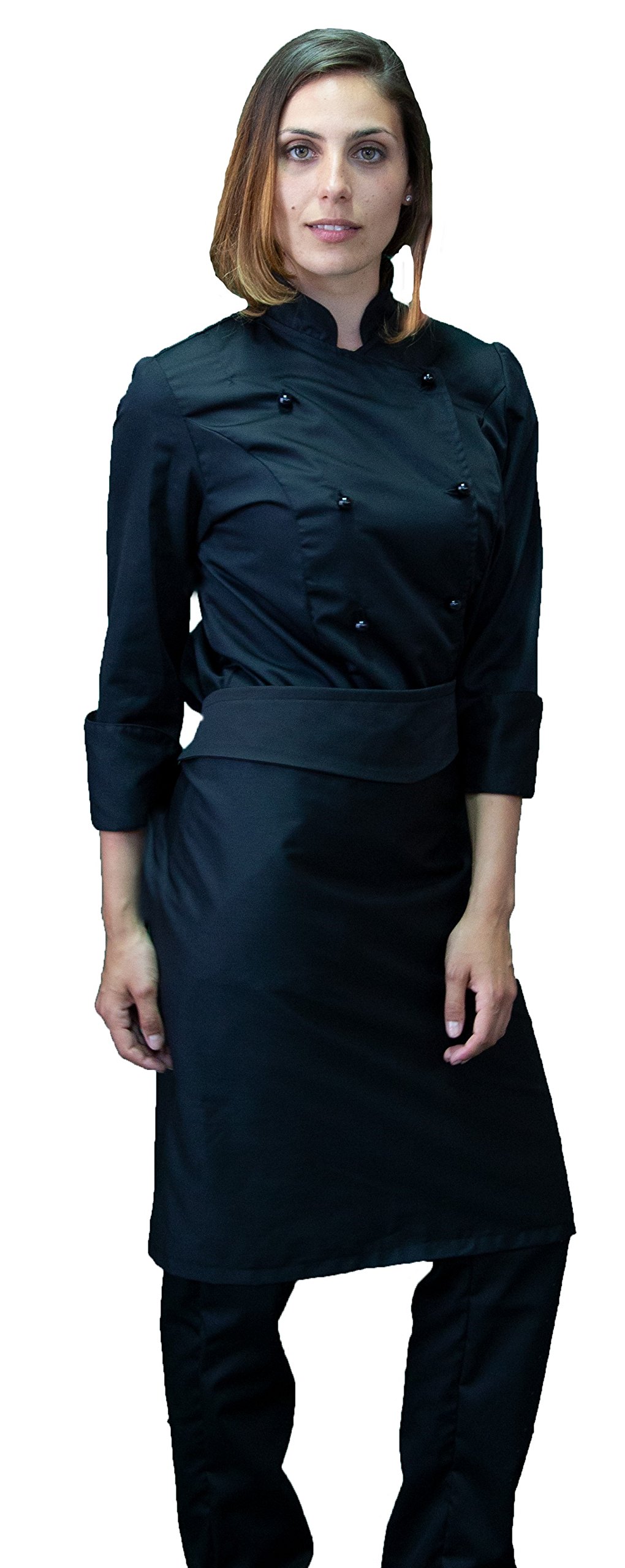 Ricamo Gratuito - Divisa cocinero mujer negra - Chaqueta, pantalón y delantal - Completo para cocina y restaurante - Made in Italy