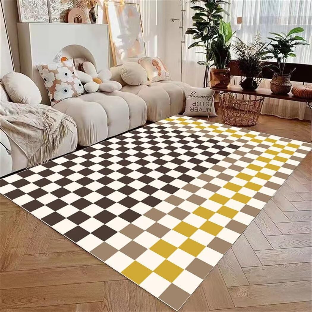 Grand tapis moderne à carreaux jaune 140x200cm pour le salon