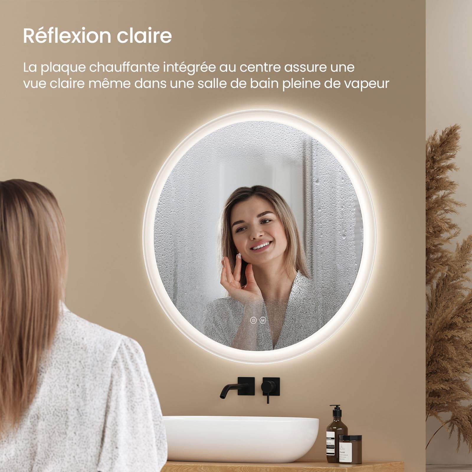 Miroir Salle De Bain LED Rond EMKE 60 Cm - Éclairage 3 Températures, Interrupteur Tactile, Blanc Chaud/Froid/Neutre