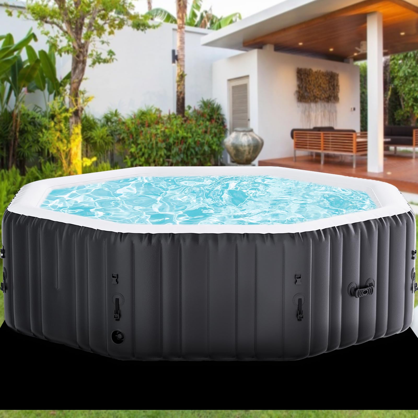 Inflable Tubo caliente 2-4 personas Ø 180 x 63.5 cm 2400W Bañera Inflable Tub con Bocas de aire, Tapa Aislada, Alfombra y Bomba De Calefacción Interior Exterior Spa Piscina Círculo (Negro