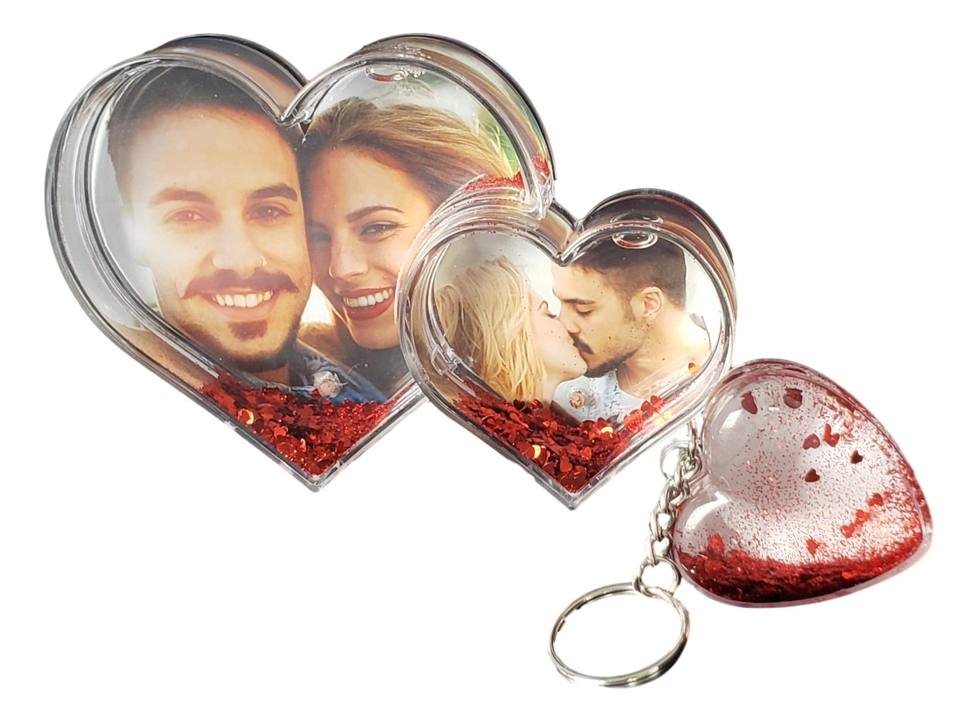 Liquid Glitter Acrylic Picture Frames - Birch & Bliss - 2Pk Gift Set [Double Heart and Matching Heart Key Chain] includes Gift Box - Personalize Frame w/Family, Friends and Pet Photos