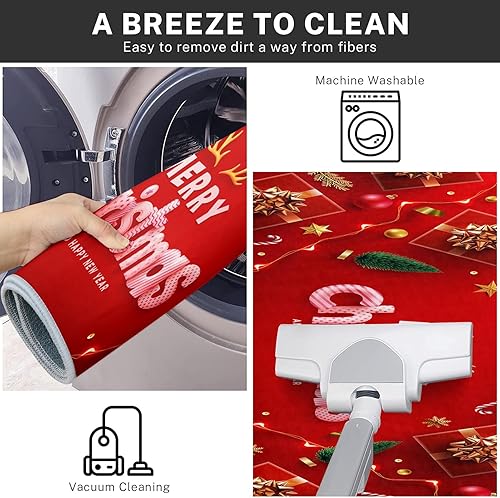 Miniatura 6 de ArtSocket Juego de 2 alfombras y tapetes de cocina de Navidad, antideslizantes, lavables, tapete de camino de cocina con texto en inglés "Merry