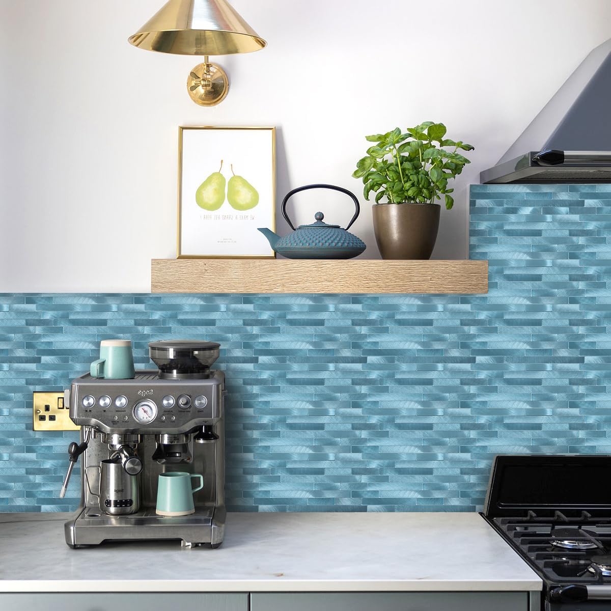 12-Sheet Blue Peel and Stick Backsplash, Brushed Metal Subway Backsplash Linear Tile Stick on Wall Tiles for Kitchen Bathroom Fireplace