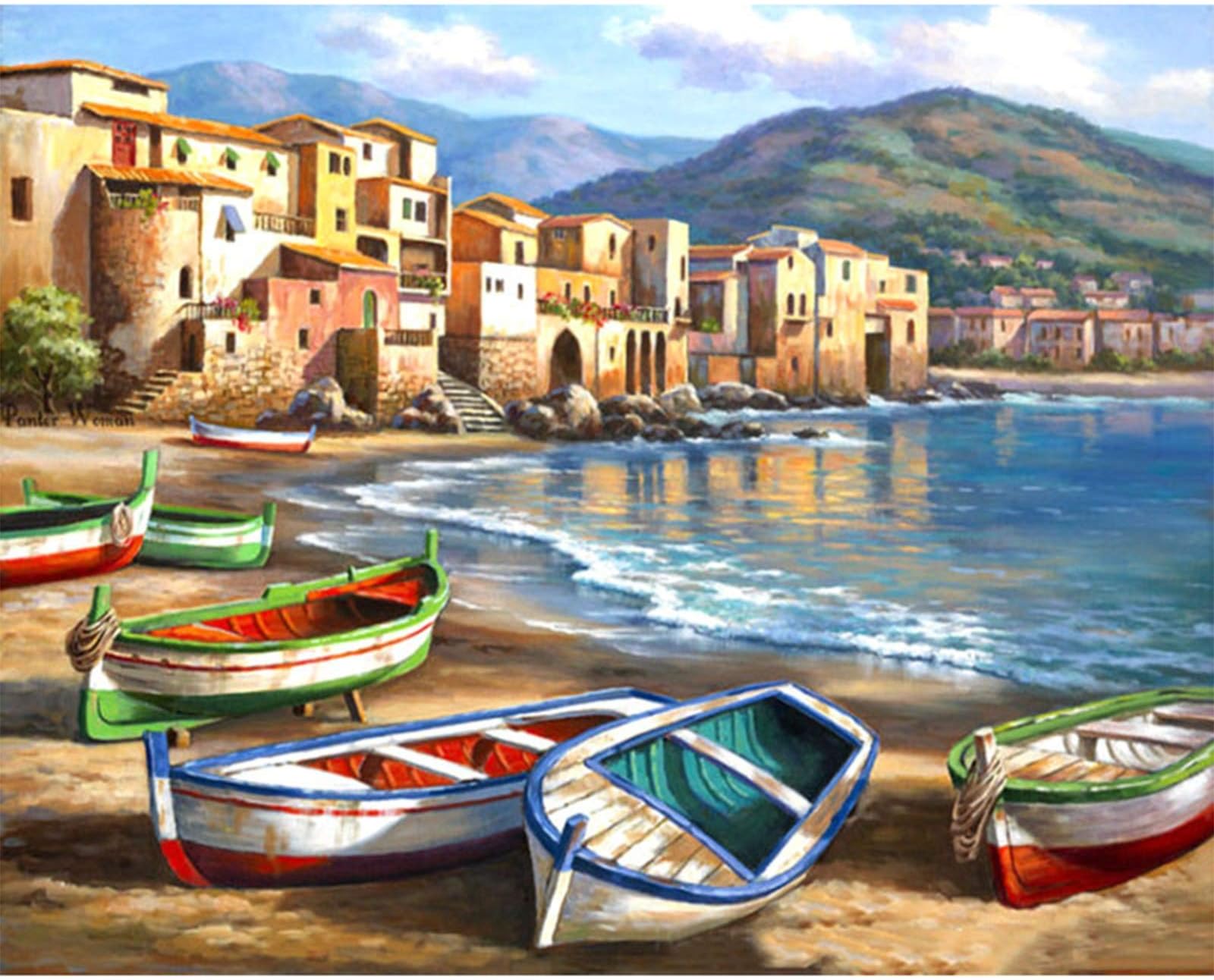 Seaside Landscape Cross Stitch Kits for Adults, Printed Stamped Counted Cross Stitch Kit for Adult Beginners Kids Uk, Starter Advanced Easy Crossstitch Embroidery Patterns Set Needlepoint 14x14 IN