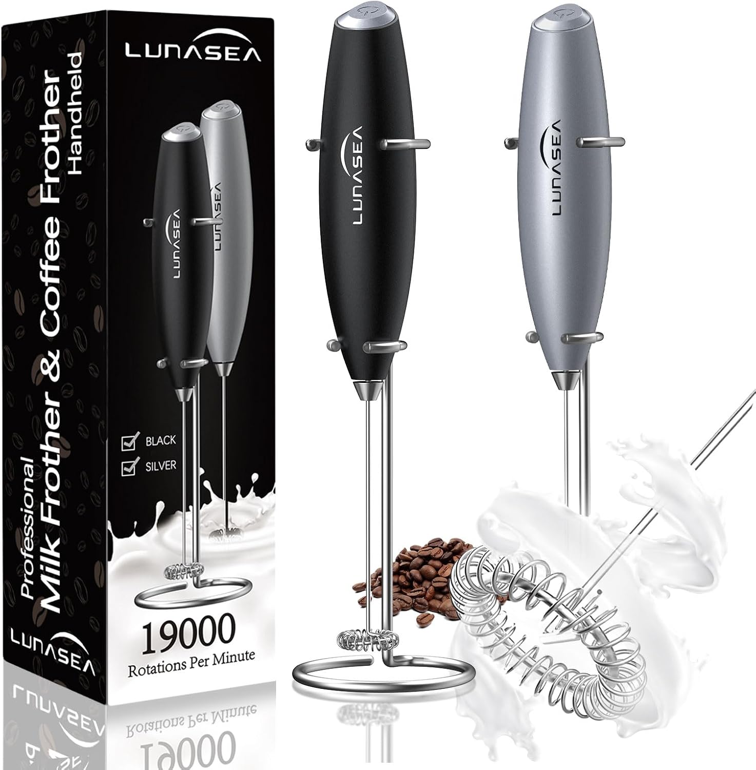 LUNASEA Handheld Milk Frother with Stand, Frother Wand