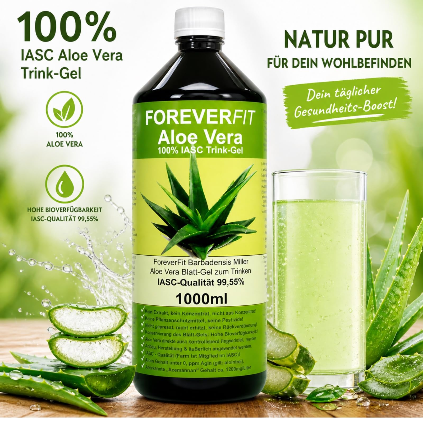 Aloe Vera Trinkgel 6 x 1000ml Barbadensis Miller Blattgel unverdünnt KEIN Saft KEIN Konzentrat OHNE künstliche Vitamine. Acemannan bis 1200mg/Liter. 30242