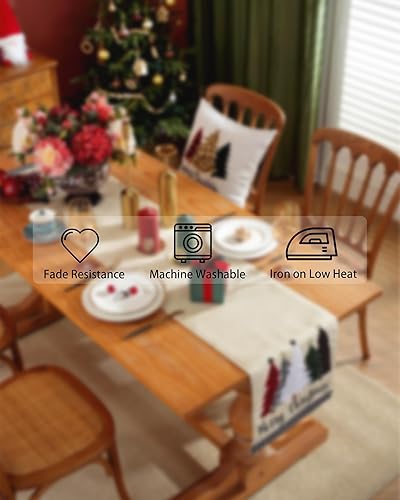 Miniatura 7 de Camino de mesa de Navidad de 70 pulgadas de largo con bordado de búfalo a cuadros, patrón de árboles de Navidad de lino, decoración de Navidad para