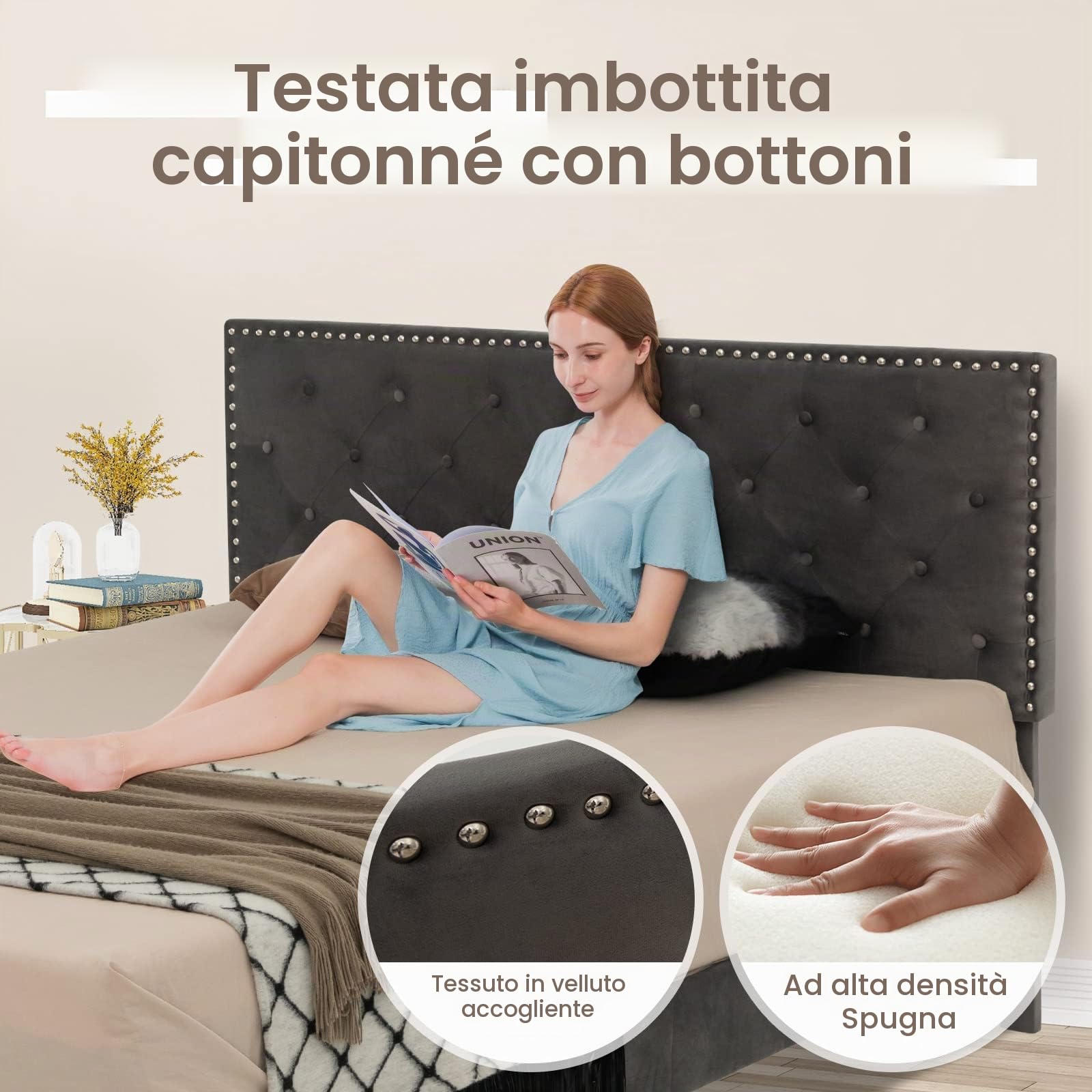 GIANTEX Letto a piattaforma imbottito matrimoniale/reggiseno, struttura del letto moderna con testata con bottoni, senza bisogno di molle, grigio (200X180 CM)